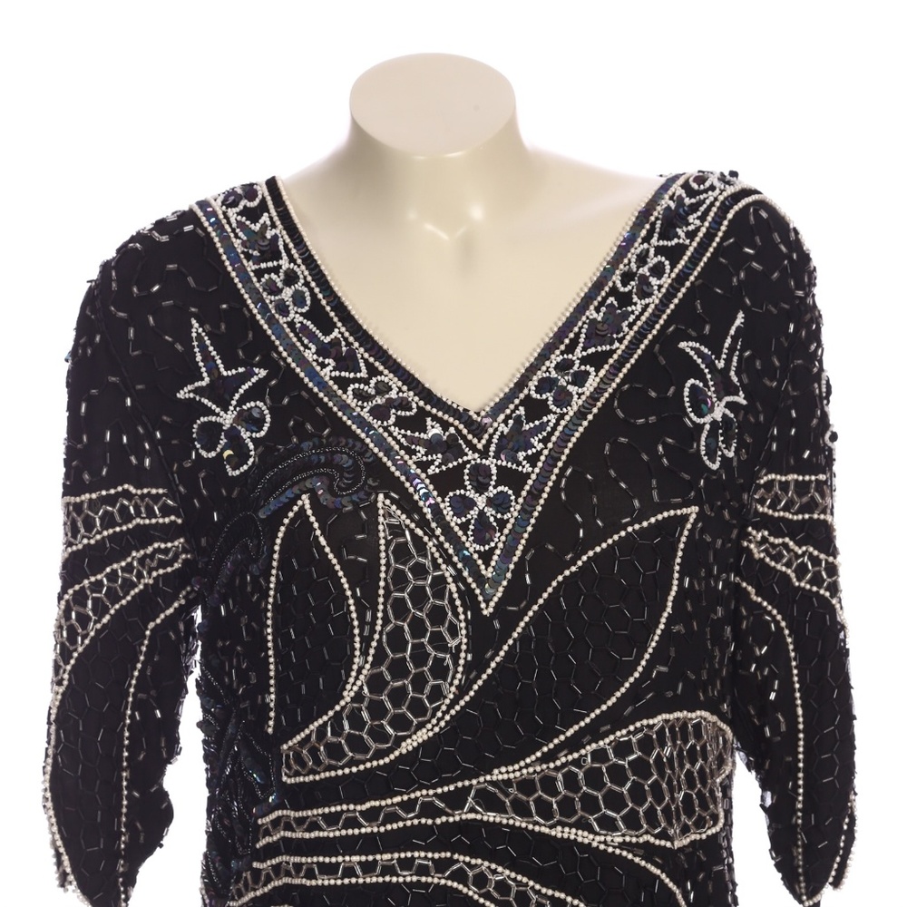 Vintage Black Embellished Beaded V Neck Silk Top